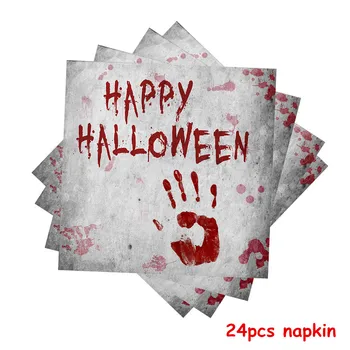 57Pcs Halloween Jednorázový Riad Nastaviť Krvavé Handprint Tému Papierové Poháre Obrus Papier Doska Vytiahnuť Vlajka Dekorácie Dodávky