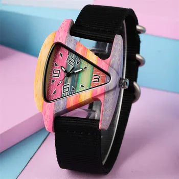 Unqiue Dámy Trojuholník Multi-Farba Bamboo dámske Hodinky arabské Číslice Analógový Žena Nylon Kapela náramkové hodinky Nové Módne 2020