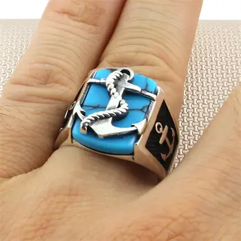 Skutočný Čistý 925 Sterling Silver Ring Mužov S Kamennými Tyrkysové Drahokam Kotvy Darček Pre Neho pánske Prstene Handmade - turecký Šperky