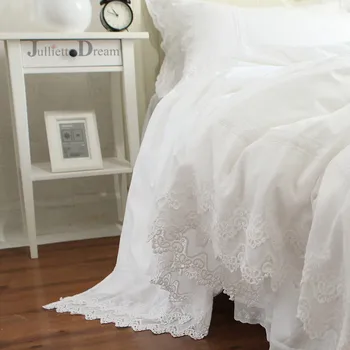 Super Luxusná čipka posteľná bielizeň nastaviť Výšivky vrstvy prehrabať perinu posteľ list prehoz cez posteľ posteľ sukne coverlets Svadobné dekoratívne