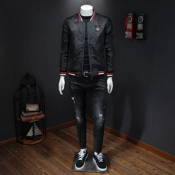 Jacquard Black Bombardér Bunda Mužov Vyšívané Slim Fit Coats 2020 Jeseň Ročník Obchodných Kvetinový Bunda, Kabát Značky Streetwear