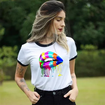Ženy, Letné Topy Tees Dúhový Pride Sexy farba Pery Maľované tričko Krátky Rukáv značky módnych kolo krku tričko