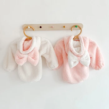 V Zime Teplé Detská Fleece Kombinézu Módne Pompom Dizajn Dieťa Baby Girls Long Sleeve Hooded Jumpsuit Jeseň Detské Oblečenie