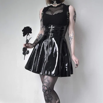 InsDoit Streetwear Gotický Kožené Čierne Sukne Harajuku Punk Vysoký Pás Podväzkové Mini Sukne Ženy Školy Patchwork Riadok Sukne