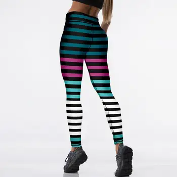 Qickitout Farebné pruhy Vytlačené Legíny Push Up Cvičenie Vysoký Pás Športové Ženy Black Fitness Nohavice Plus Veľkosť