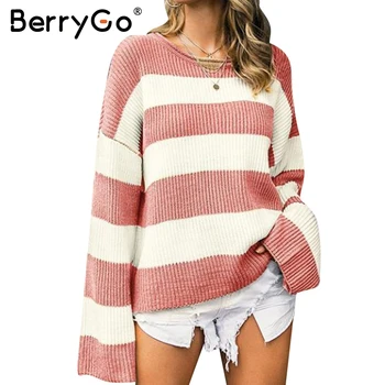 BerryGo Bežné pruhované pletených sveter ženy O krku hrubý pulóver žena jumper Voľné mäkké streetwear vlnený sveter zime