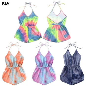 KLV Ženy Sexy plavky s uväzovaním za tvaru Backless Playsuit Rainbow Gradient tie-Dye Vytlačené Leto bez Rukávov Jeden Kus Jumpsuit Plaviek