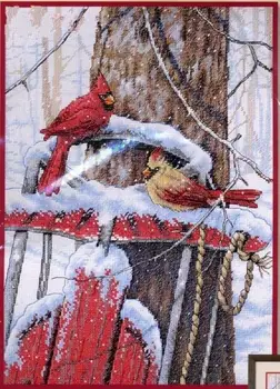 Kvalitné Krásne Počíta Cross Stitch Auta Kardináli na Saniach Kardinál Červený Vták Zime Sneh dim 08837