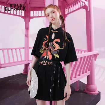 ELFSACK Čierne Originálne Grafické Tlače Bežné kórejský Mini Šaty Žien 2020 Lete ELF Ročníka Zlatého Elegantné Tlačidlo Dámske Šaty