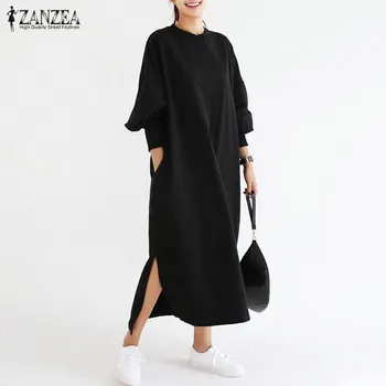 Plus Veľkosť Ženy Pruhované Šaty 2021 ZANZEA Vintage Dlhý Rukáv Maxi Dlhé Šaty Womans Split Sundress Bežné Femme Neforemné Oblečenie