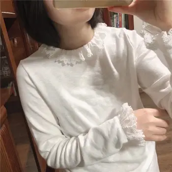 5 farieb-- Lolita rozstrapatené golier sťahovacie bavlna, dlhý rukáv tričko t-shirt jeseň zima mori dievča 2020 kawaii