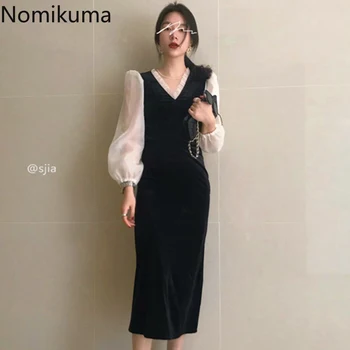 Nomikuma Šaty Zmluvy Farebná Mozaika V Krku Dlhý Rukáv Vestidos Femme kórejský Elegantný Retro Nové Elegantné Šaty Žien 3d888
