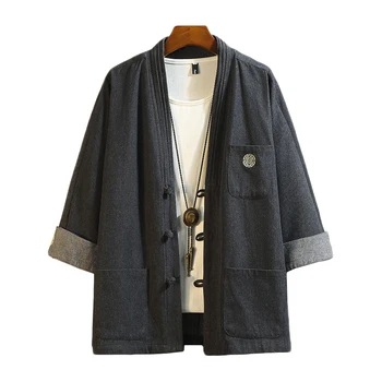 Čínsky Stylel Bavlna Kimono Cardigan Mužov Vintage Denim Jacket Bežné Kabát Muž Streetwe Plus Veľkosť