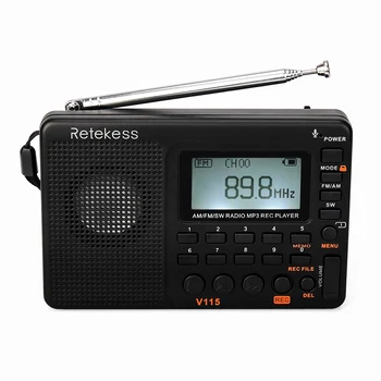 RETEKESS V115 FM AM SW Rádio Prenosné Rádiá Vrecko S USB MP3 Digitálny Záznamník Podpora Micro SD TF Karty Časovač Spánku Darček
