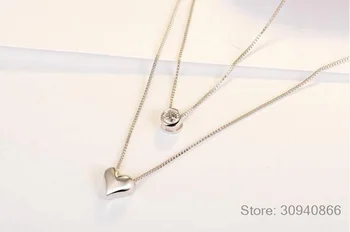 Veľkoobchod Šperky 925 Sterling Silver Dvojité Vrstvy kľúčnu kosť Náhrdelník Reťazca CZ Láska-srdce Náhrdelník Prívesok Pre Ženy