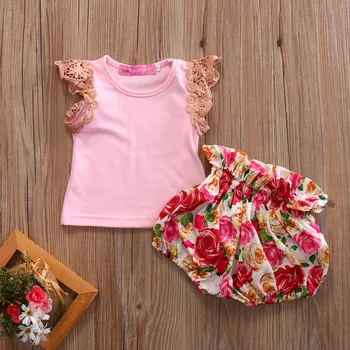 2ks/Set Deti Baby Girl Čipky Rukáv Ružový Top +Kvet Šortky Bloomers Oblečenie Nastavenie Letného Oblečenia