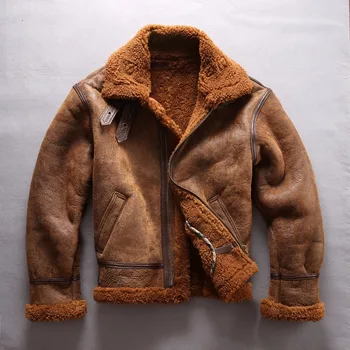 Európska veľkosť skutočnej ovce kožené sako pánske vysoko kvalitné teplý kabát veľkosť B3 shearling bombardér vojenský pilot kožušiny bunda