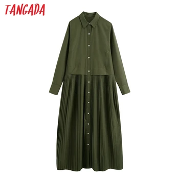 Tangada 2020 Jeseň fashion ženy amygreen tričko šaty patchwrok skladaný dlhý rukáv bežné dámy voľné šaty BE899