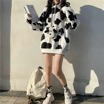 Hoodies Ženy Vytlačené Kapucňou Retro Streetwear Kórejský Štýl Krava Voľné Japonský Tenké Študent Elegantné Populárne Predné Vrecko Voľný Nový