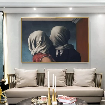 Surrealizmus Wall Art Plátne Obrazy Kiss Milenca Podľa René Magritte Moderný Štýl, Plagáty a Výtlačkov pre Obývacej Miestnosti Dekorácie