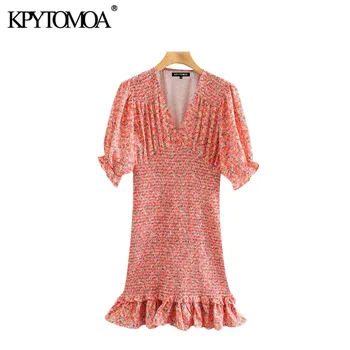 KPYTOMOA Ženy 2020 Elegantný Módy Kvetinový Tlač Elastické Smocked Mini Plášť Šaty Vinobranie V Krku Rozstrapatené Ženské Šaty Vestidos