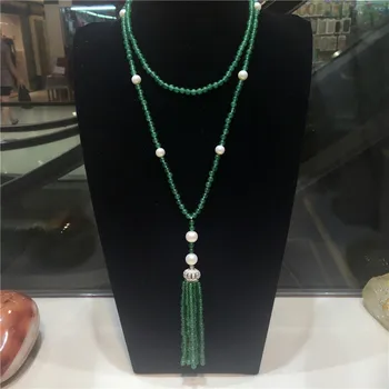 Ručne viazané dlho prírodný zelený kameň biely sladkovodné perly micro vložkou zirkón spona strapec náhrdelník módne šperky
