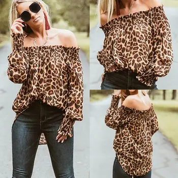 Hirigin Ženy Leopard Tlač Dlhý Rukáv Lomka Krku Mimo Ramenný Bežné Tričko Slim T-Shirt Topy