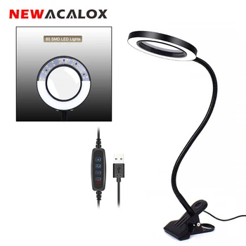 NEWACALOX Flexibilné 3X/5X USB, 3 Farby Lampy, Lupy Klip-na Stôl písací Stôl LED Čítanie Veľkého Objektív Osvetlené Lupy