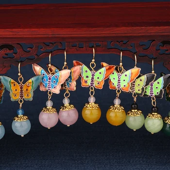 MYWINY 5 farby prírody kamene visieť etnických trblietavé náušnice vintage módy cloisonne motýľ šperky