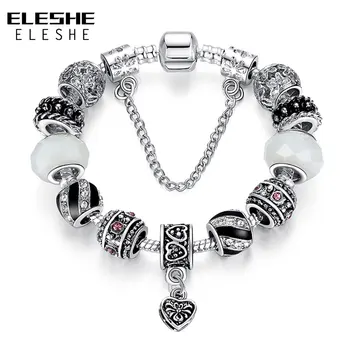 ELESHE Odbavenie Predaj Vintage Šperky, Strieborné Farebné Srdce Kúzlo Náramok & Náramok So Sklom CZ Korálky Náramok pre Ženy Šperky