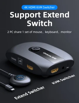 Unnlink 2 4 Porty KVM Prepínač s Extender 4K 1080P USB2.0 Zdieľanie Monitor, Tlačiareň, Klávesnica, Myš pre 2-4 prenosný počítač