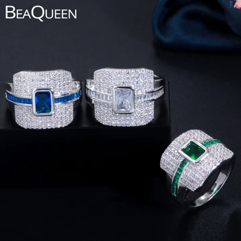 BeaQueen Oslňujúci Plný Cubic Zirconia Micro Spevnené Veľké Námestie, Kráľovská Modrá Zelená Stohovateľné Zapojenie Snubné Prstene pre Ženy R097