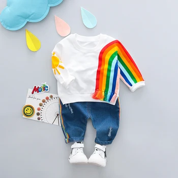 HYLKIDHUOSE Jar Baby Dievčatá Oblečenie Sady Batoľa Detská Bavlna Oblečenie Rainbow, Tričko+Rifle Deti Deti Ležérne Oblečenie