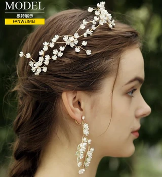 Svadobné svadobné doplnky headpiece ručne vyrobené tiara hlavový most vedúci kvet Vlasy a Šperky v uchu drop nastaviť FANWEIMEI#F241