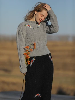 Jeseň Zima Sveter Ženy Oblečenie Kórejský Módne Vlny Pletený Sveter Elegantné Sladké Ručné Výšivky Turtleneck Sveter