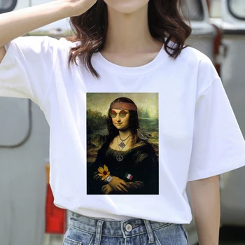 Letné vtip Mona Lisa Vytlačené T-Shirts 90. rokov Harajuku Ullzang Fashion T-shirt Ženy Estetika vtipné Tričká Bežné Krátke čaj