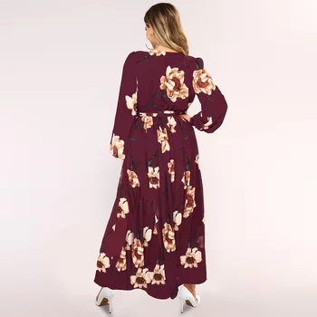 Ženy s Dlhými Rukávmi Jeseň Šaty 2019 Bežné Dlhé Šaty Boho Kvetinový Tlač Maxi Šaty tvaru Obväz Elegantné Šaty Vestidos