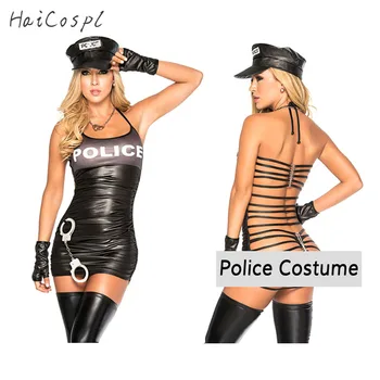 Halloween Party Sexy Cool Girl Black Polícia Kostým Pre Dospelých Žien Skontrolujte Vzor Policajt, Úradník Cosplay Kostým Spp Rukavice