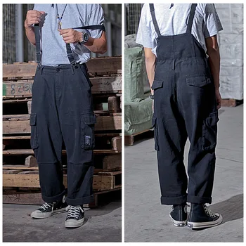 Muž Japonsko Streetstyle Voľné Vintage Módy Hip Hop Jumpsuit Celkovo Nohavice Rovné Nohavice Mužov Voľné Bežné Cargo Nohavice S Náprsenkou