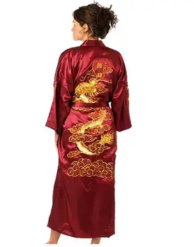 Burgundsko Hodváb Výšivky Dragon Kimono Župan Šaty Ženy Sexy Saténový Župan Dlhý Nightgown Veľkosť S M L XL XXL XXXL BR040