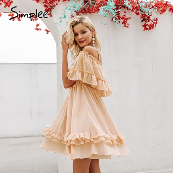 Simplee Elegantné prehrabať mimo rameno ženy šaty Špagety popruh šifón letné šaty Bežné dovolenku žena ružová krátke sundress