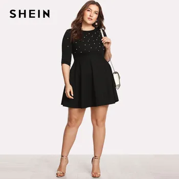 SHEIN Black Kolo Krku Jarné Šaty Plus Veľkosti Ženy Pearl Lištovanie Fit Svetlice Veľkých Rozmerov Bežné Elegantné Šaty s Dlhým Rukávom