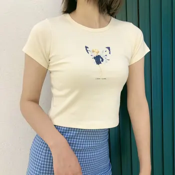 Ženy Víla, Motýľ Anime Tlač Bavlna T-shirt Lete Vintage Krátky Rukáv Crewneck Sexy Plodín Topy Béžová Harajuku Streetwear