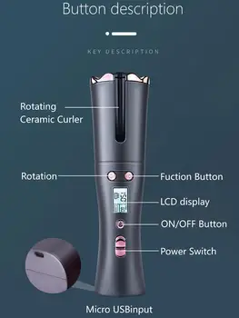 Automatické Otáčanie Keramické Vlasy Curler USB Nabíjateľné Akumulátorové kulma LED Displej Nastaviteľná Teplota Curling Vlna Styler
