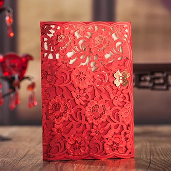100ks Wishmade Svadobné Pozvánky s Červeným Laserom Rezané Kvetinový Dizajn pre Elegantné Svadobné Sprcha Pozvánky s Obálok