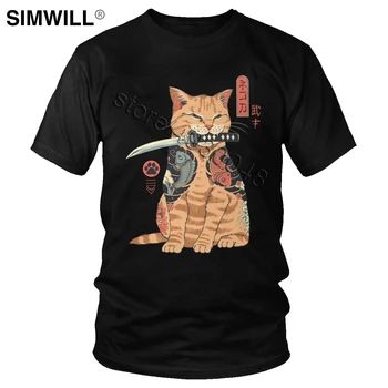 Vtipné Mačací Cat T Shirt Humor Bežné Bavlna Grafické T-Shirt Mužov Krátke Rukávy O-neck Tričko Japonský Samuraj Mačka Tee Darček