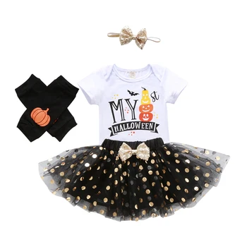 0-24M Novorodenca Dievča Halloween Oblečenie Set sa Pumkin List Vytlačený Romper Top Shirt Leginy Headabnd 4Pcs Oblečenie
