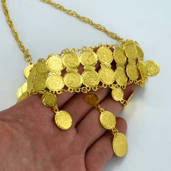 Anniyo 43 cm + 6typ Kovové Mince Náhrdelník pre Ženy/Dievčatá,Arabské Zlatá Farba Mince zobrazili kľúčové tlačidlá na Blízkom Východe Šperky Afrike Darčeky #063806