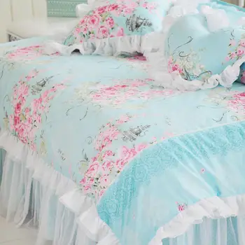 Princezná kvetina tlače posteľná bielizeň nastaviť Bavlna 4/7pcs Čipky perinu prehoz cez posteľ bedsheet prehrabať obliečky posteľ sukne bytový textil