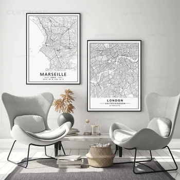 Moderný New York, Paríž, Londýn Mesto Sveta Mapy Zákazku Čierne Biele Plátno Obrazy Plagát, Tlač Wall Art Obraz Domova